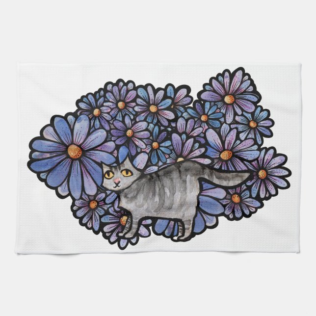 Linge De Cuisine Kitty Chat Purple Daisées Gris Chat Art Gris Chats (Horizontal)