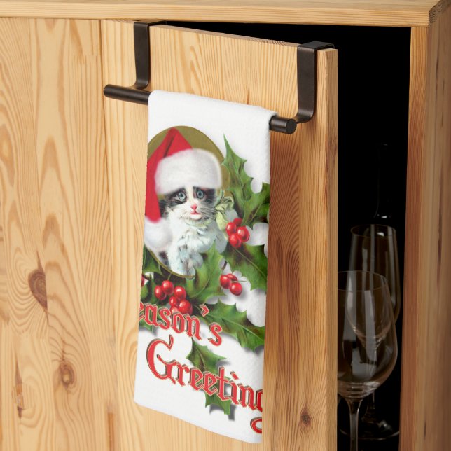 Linge De Cuisine Kitty de Noël Style Ancien Vœux de la Saison (Pliage en tiers)