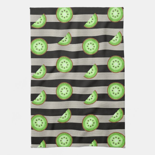 Linge De Cuisine Kiwi Moderne Bandes Noires et Blanches (Vertical)