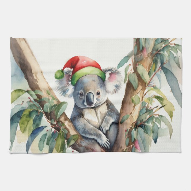 Linge De Cuisine Koala avec un chapeau de Père Noël assis dans un e (Horizontal)