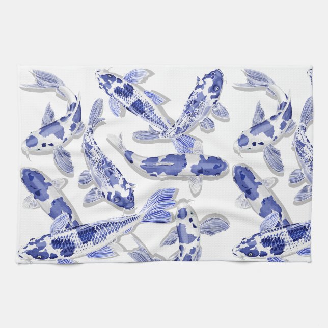 Linge De Cuisine Koi bleu et blanc (Horizontal)