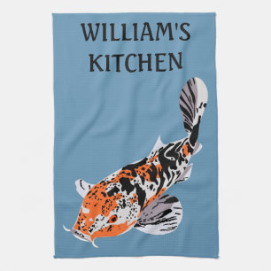 Linge De Cuisine Koi Fish Illustration Orange et Bleu Personnalisé