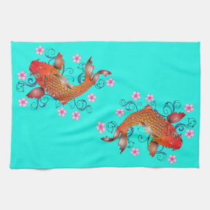 Linge De Cuisine Koi poisson oriental floral orange turquoise éléga
