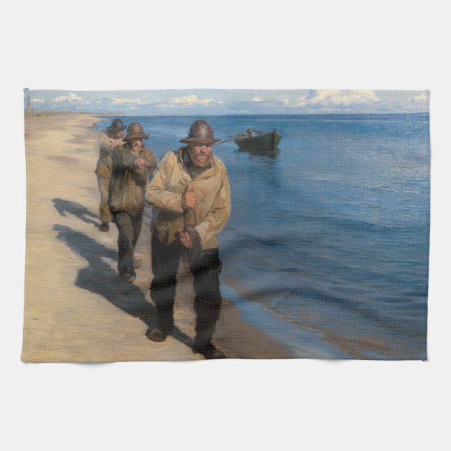 Linge De Cuisine Kroyer - Trois pêcheurs tirant un bateau (Horizontal)