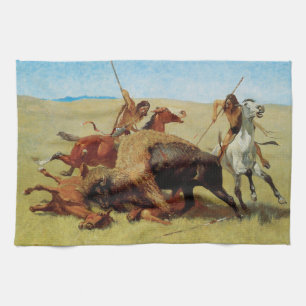 Linge De Cuisine La Chasse au Bison par Remington, Amérindien Vinta