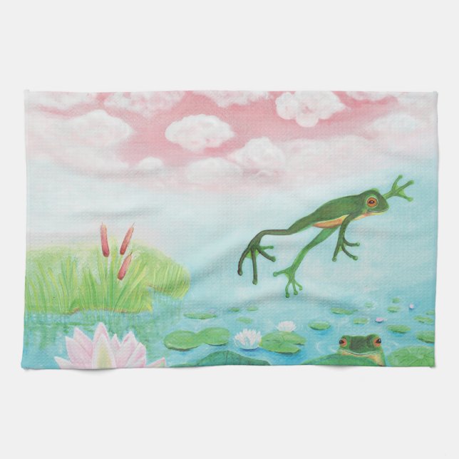 Linge De Cuisine La Grenouille Verte Saute Dans L'Illustration De L (Horizontal)