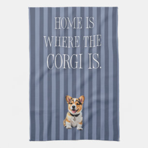 Linge De Cuisine 'La maison est où est le Corgi' rayé bleu joyeux