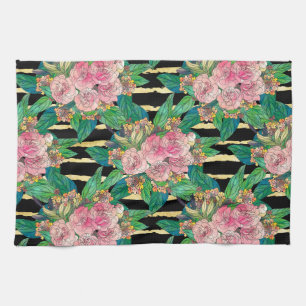 Linge De Cuisine La peinture florale rose branchée en or rayonne s