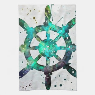 Linge De Cuisine La roue du capitaine aux couleurs bleu vert de l'o
