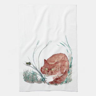 Linge De Cuisine La sauterelle taquine le chaton, Sumi-e