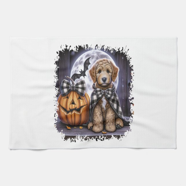 Linge De Cuisine Labradoodle Chien Halloween Carré (Horizontal)