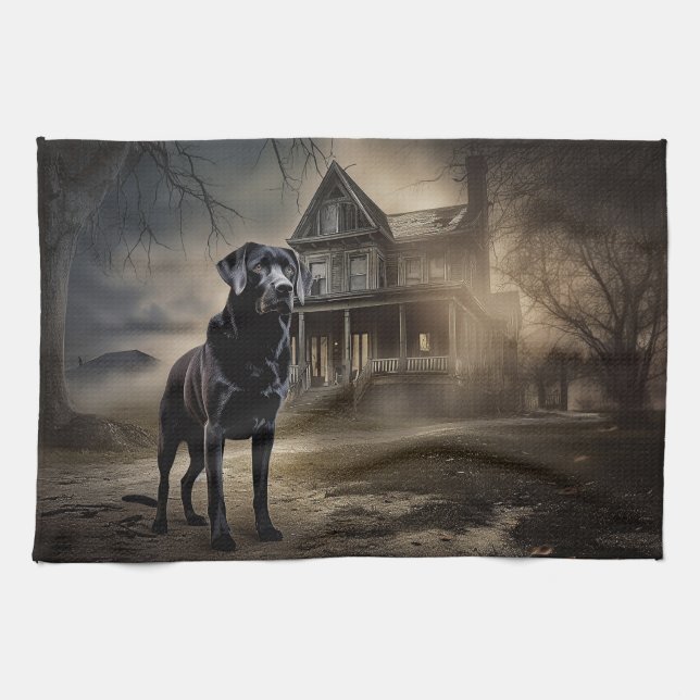 Linge De Cuisine Labrador noir Halloween effrayant (Horizontal)