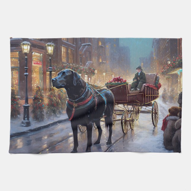 Linge De Cuisine Labrador noir période festive de Noël (Horizontal)