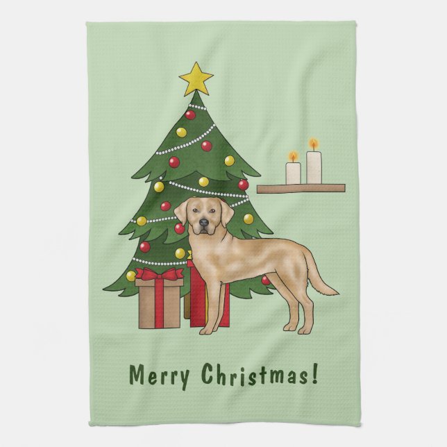 Linge De Cuisine Labrador Retriever jaune avec arbre de Noël (Vertical)
