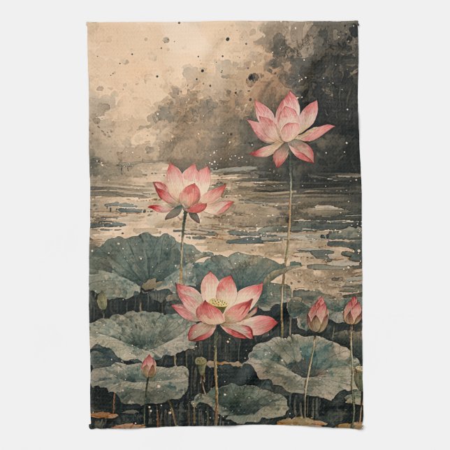 Linge De Cuisine Lac de lotus au clair de lune (3) (Vertical)