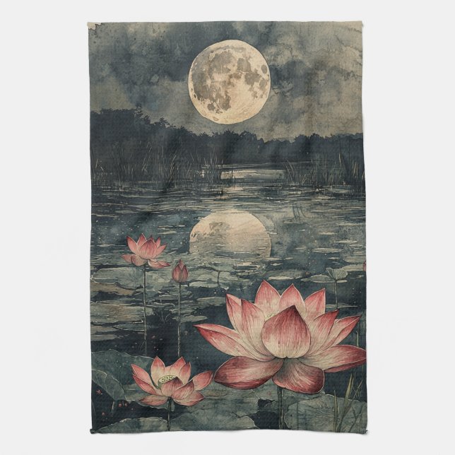 Linge De Cuisine Lac de lotus au clair de lune (4) (Vertical)