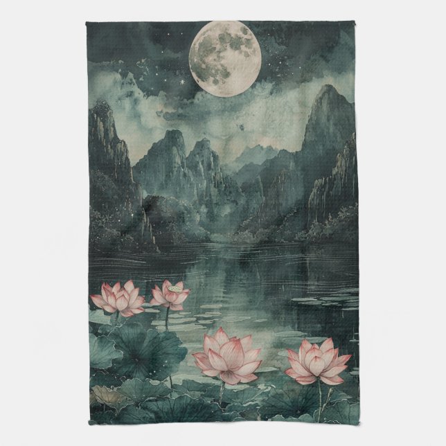 Linge De Cuisine Lac de lotus au clair de lune (8) (Vertical)
