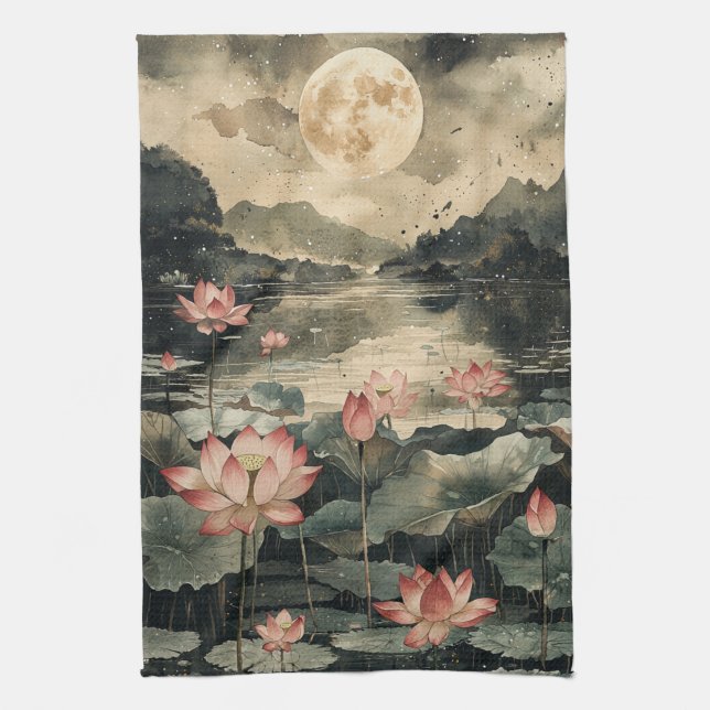Linge De Cuisine Lac Lotus au Clair de Lune (1) (Vertical)