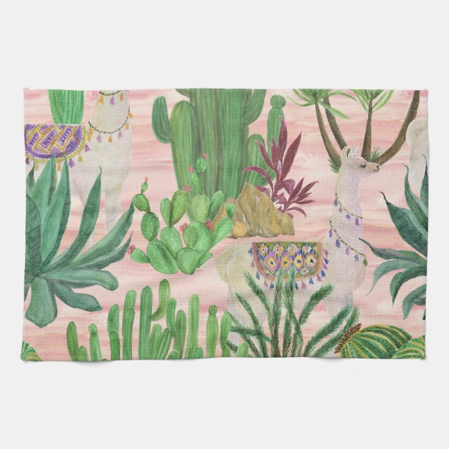 Linge De Cuisine Lamas aquarelle et motif cactus. (Horizontal)