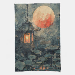 Linge De Cuisine Lanterne de lotus au clair de lune aquarelle