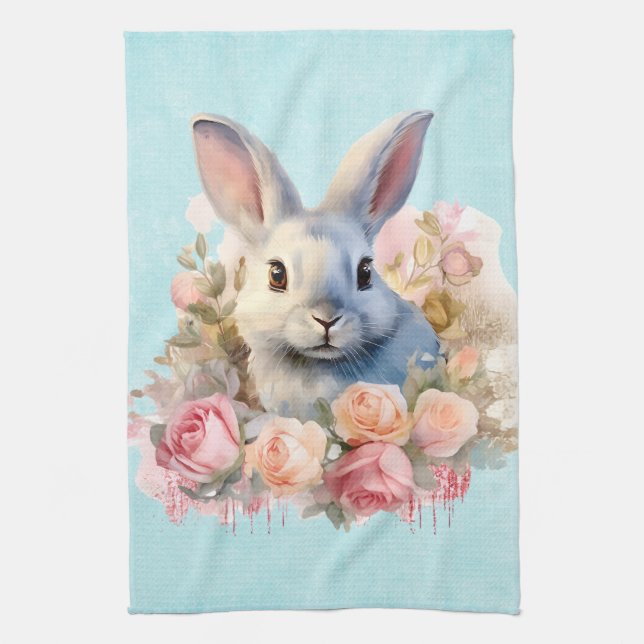 Linge De Cuisine Lapin avec une guirlande de roses Mignon (Vertical)
