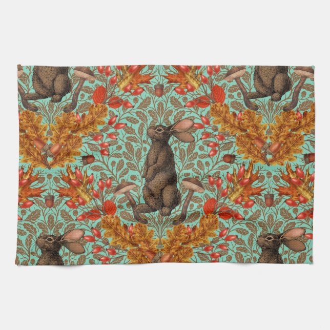 Linge De Cuisine Lapin d'automne sur vert clair (Horizontal)