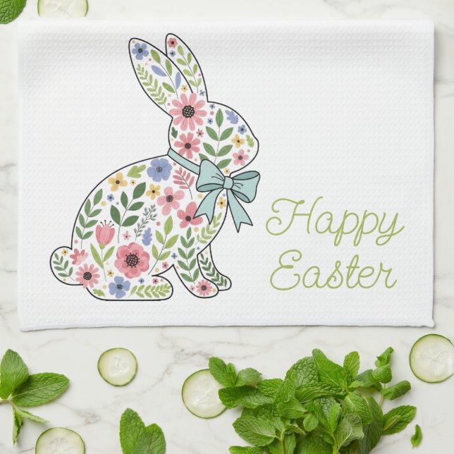 Linge De Cuisine Lapin de Pâques aux fleurs sauvages roses et bleue (Plié)