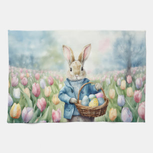 Linge De Cuisine Lapin de Pâques dans une prairie de tulipes