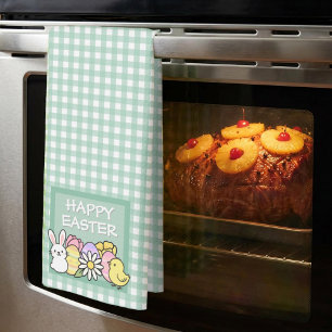 Linge De Cuisine Lapin de Pâques heureux, Poussin, Œufs Gingham Ver