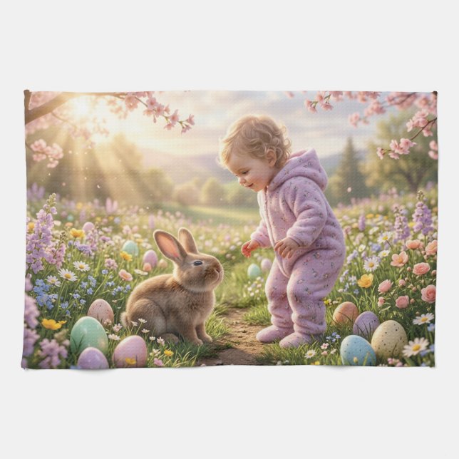 Linge De Cuisine Lapin de Pâques mignon et enfant (Horizontal)