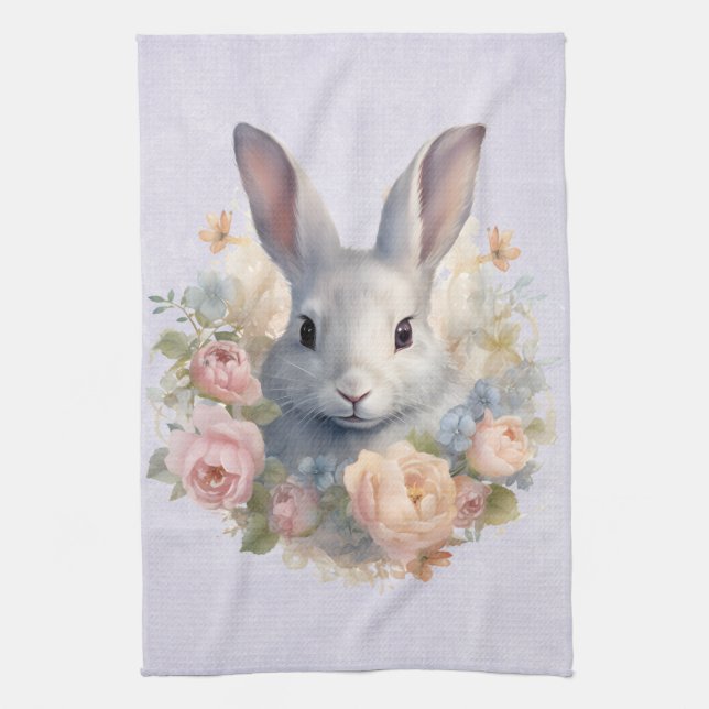 Linge De Cuisine Lapin entouré de fleurs pastel Mignon (Vertical)