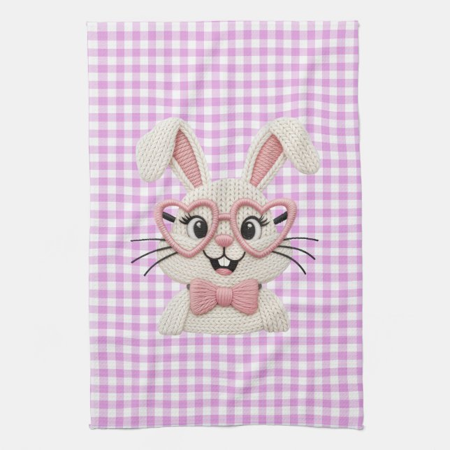 Linge De Cuisine Lapin gingham mignon lunettes de cœur rose  (Vertical)
