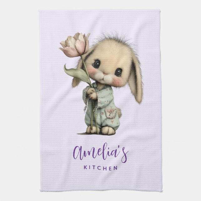 Linge De Cuisine Lapin mignon tenant une tulipe (Vertical)