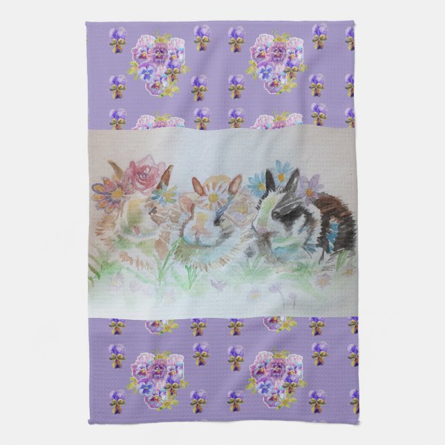Linge De Cuisine Lapins Cute Lavender Aquarelle Boulet Floral (Vertical)