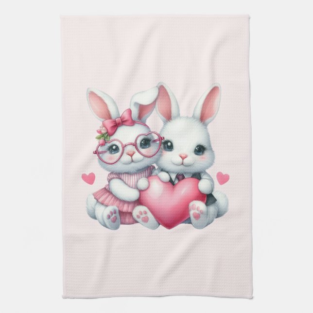 Linge De Cuisine Lapins mignons partageant un cœur (Vertical)