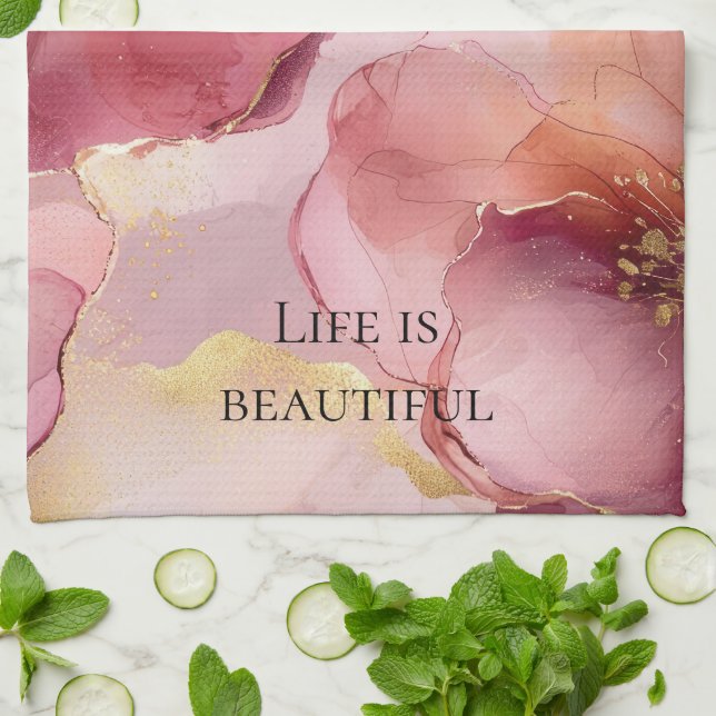 Linge De Cuisine Lavis Doré Rose Bourgogne Floral Mariage (Plié)