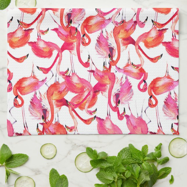 Linge De Cuisine Le Flamant rose d'aquarelle dans les aquarelles | (Plié)