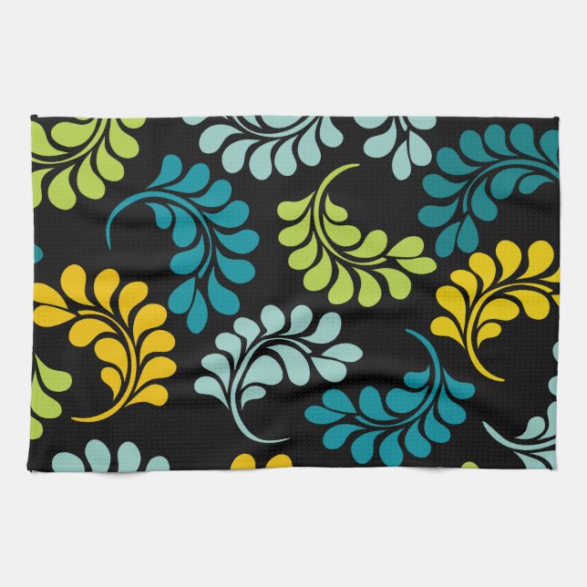 Linge De Cuisine Le jaune vert turquoise fleurit le monogramme (Horizontal)