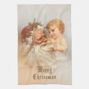 Linge De Cuisine Le père noël vintage avec l'enfant de sourire