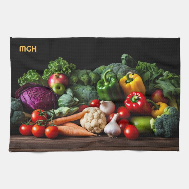Linge De Cuisine Légumes frais monogrammes personnalisés (Horizontal)