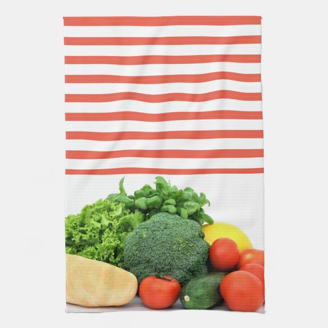 Linge De Cuisine Légumes sur fond rayé rouge et blanc (Vertical)