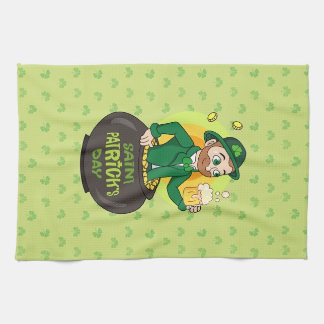 Linge De Cuisine Leprechaun de dessin dans une casserole d'or tenan (Horizontal)