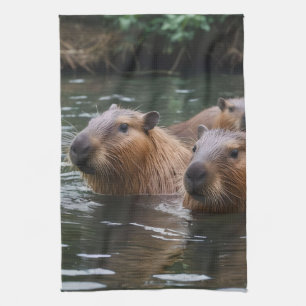 Linge De Cuisine Les capybaras nagent dans la rivière,