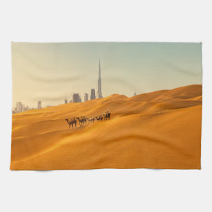 Linge De Cuisine Les déserts Vue Skyline de Dubaï avec chameaux