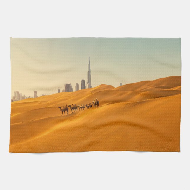 Linge De Cuisine Les déserts | Vue Skyline de Dubaï avec chameaux (Horizontal)