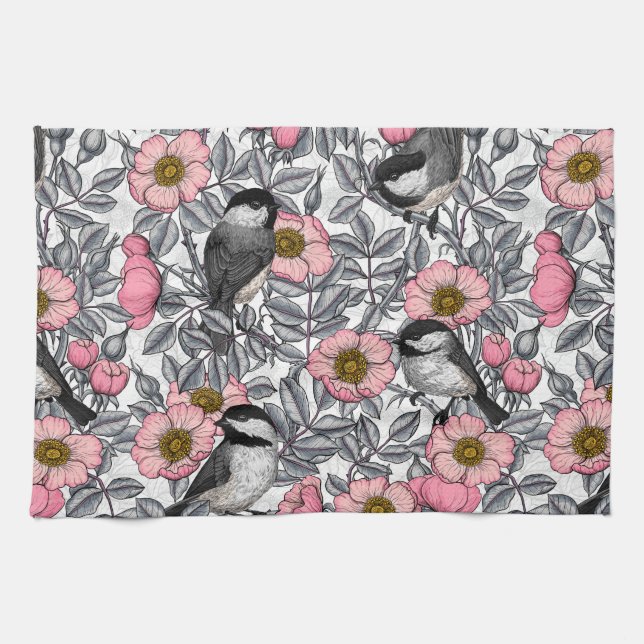Linge De Cuisine Les poulets dans la nature rose, rose et gris (Horizontal)