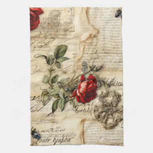 Linge De Cuisine Lettre d'amour sur parchemin vintage avec fleurs