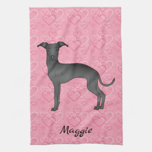 Linge De Cuisine Lévrier Italien Noir Chien Mignon Sur Coeurs Roses