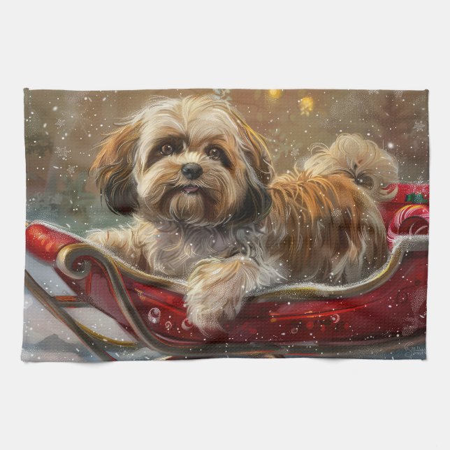 Linge De Cuisine Lhasa Apso Chien Fête de Noël (Horizontal)