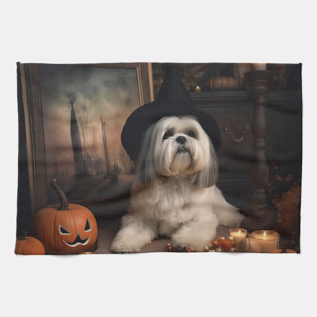 Linge De Cuisine Lhasa Apso Citrouilles Halloween Épouvantable (Horizontal)
